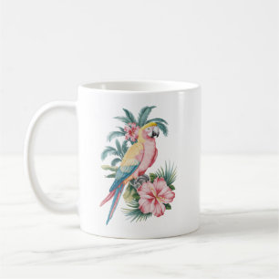 Trendiger Sommerstrand Papagei und Hibiskusblüten Kaffeetasse