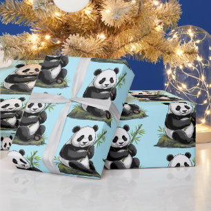 Trendiger süßer Panda-Bär mit Grünzeug Bambus Blau Geschenkpapier