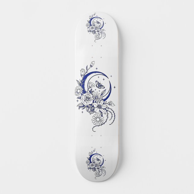 Trendiger Tattoo-Stil Floral Halbmond Deck Skateboard (Vorderseite)