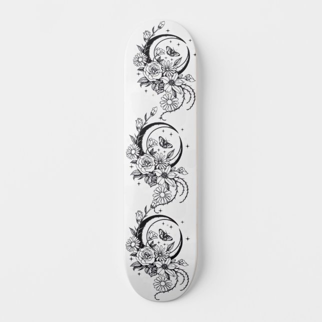 Trendiger Tattoo-Stil Floral Halbmond Deck Skateboard (Vorderseite)