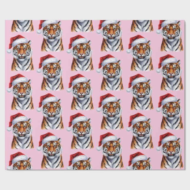 Trendiger Tiger mit Weihnachtsmannmütze Weihnachte Geschenkpapier (Flach)