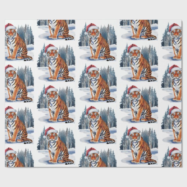Trendiger Tiger mit Weihnachtsmannmütze Weihnachte Geschenkpapier (Flach)