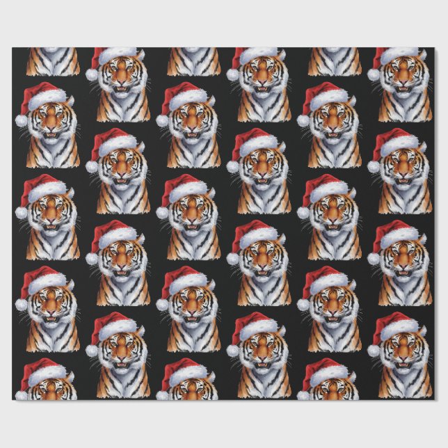 Trendiger Tiger mit Weihnachtsmannmütze Weihnachte Geschenkpapier (Flach)