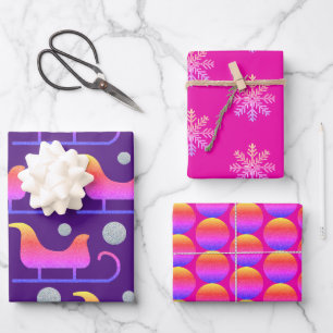 Trendiger Weihnachts-Girly-Hot-Pink-Schlitten-Glit Geschenkpapier Set