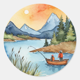 Trendiges Aquarell-Berg-Holzh Fischerboot     Runder Aufkleber