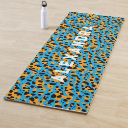 Trendiges Blau-Orange-Leopardenmuster und Name Yogamatte