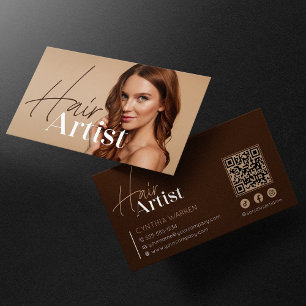 Trendiges Elegantes Braun Friseur Foto QR Code Visitenkarte