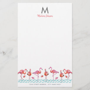 Trendiges Flamingo-Rosa- und Blau-Vögel-Monogramm- Briefpapier