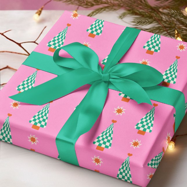 Trendiges Gingham-Weihnachtsbaum-Muster Geschenkpapier (Von Creator hochgeladen)
