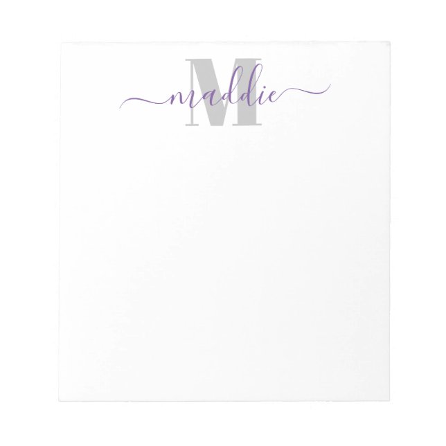 Trendiges, girly-artiges Monogramm in Lila und Gra Notizblock (Vorderseite)
