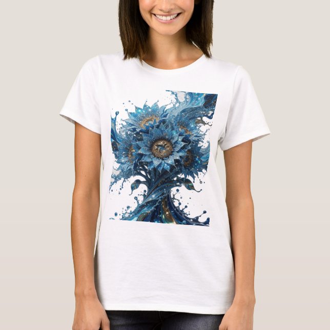 Trendiges Gold BLAU FLORALE EXPLOSION 3D-Textart T-Shirt (Vorderseite)
