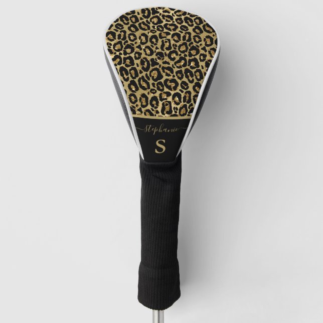 Trendiges Gold Glitzer Leopard Animal Print Monogr Golf Headcover (Vorderseite)
