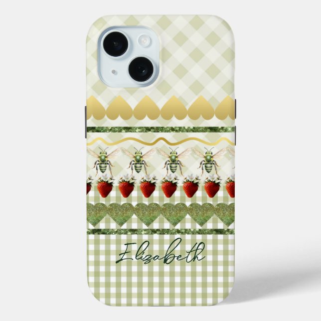 Trendiges grünes Karo und Bees Hearts Monogramm Case-Mate iPhone Hülle (Rückseite)