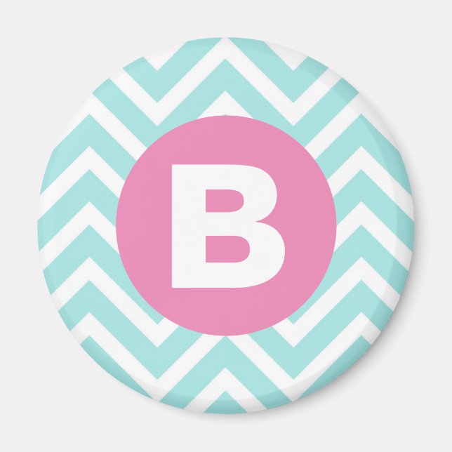 Trendiges Hellblau-Chevron-Rosa-Monogramm Magnet (Vorne)