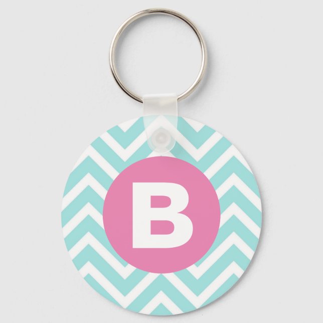 Trendiges Hellblau-Chevron-Rosa-Monogramm Schlüsselanhänger (Vorderseite)