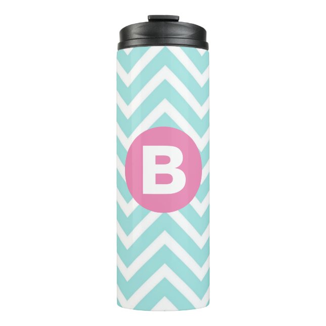 Trendiges Hellblau Chevron Rosa Monogramm Thermosbecher (Vorderseite)