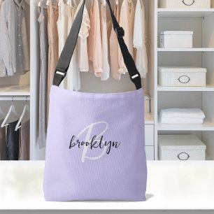 Trendiges Lavendel Schwarz Weiß Schrift Monogramm  Tragetaschen Mit Langen Trägern