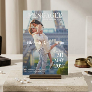 Trendiges modernes Fotomagazin Save-the-Date Acryleinladungen
