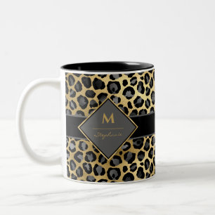 Trendiges Monogramm Leoparden Druck   Schwarz Grau Zweifarbige Tasse