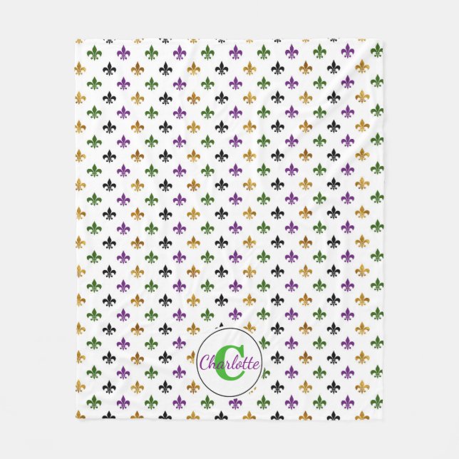 Trendiges Monogramm Mardi Gras Fleur De Lis Fleecedecke (Vorderseite)