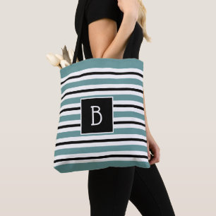 Trendiges Monogramm Teal, Schwarz Weiß Streifen