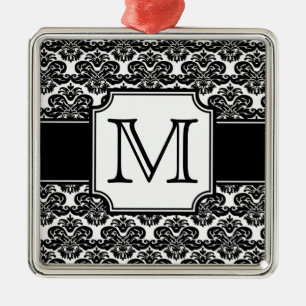 Trendiges monogrammiertes Damast-Ornament Silbernes Ornament