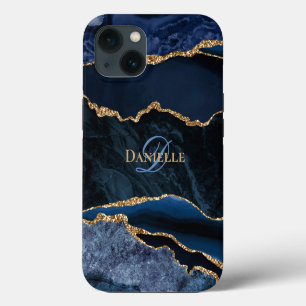 Trendiges Navy Blau Achat Gold Glitter Monogramm iPhone 13 Hülle