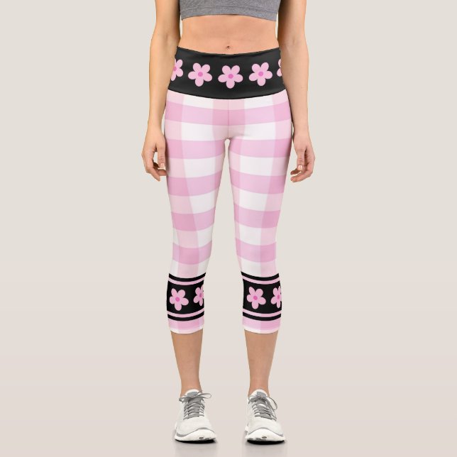 Trendiges rosa, gedecktes Muster mit Blume Capri Leggings (Vorderseite)
