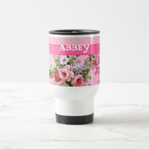 Trendiges rosa Monogramm Vintage-Blumen-Punkte Reisebecher