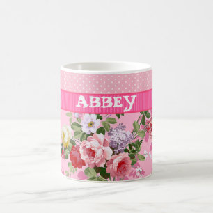 Trendiges rosa Monogramm Vintage-Blumenmuster mit Verwandlungstasse