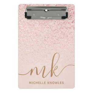 Trendiges Roségold Glitter Fancy Initialen und Nam Mini Klemmbrett