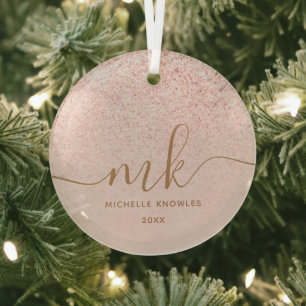 Trendiges Roségold Glitter Fancy Initialen und Nam Ornament Aus Glas