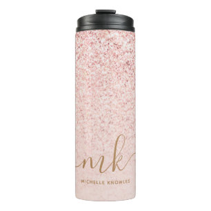 Trendiges Roségold Glitter Fancy Initialen und Nam Thermosbecher