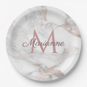Trendiges Roségold-Marmor-Design-Monogramm-Vorlage Pappteller