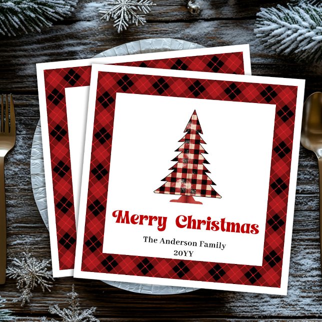 Trendiges rotes schwarzes Karo-Weihnachtsbaum-Tisc Serviette (Trendy Red Black Plaid Tree Napkin Custom Name)