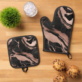 Trendiges Schwarz-Roségold-Marmor Ofenhandschuh & Topflappen-Set
