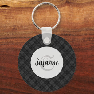 Trendiges Schwarz-weiß-Tartan Personalisiertes Mon Schlüsselanhänger