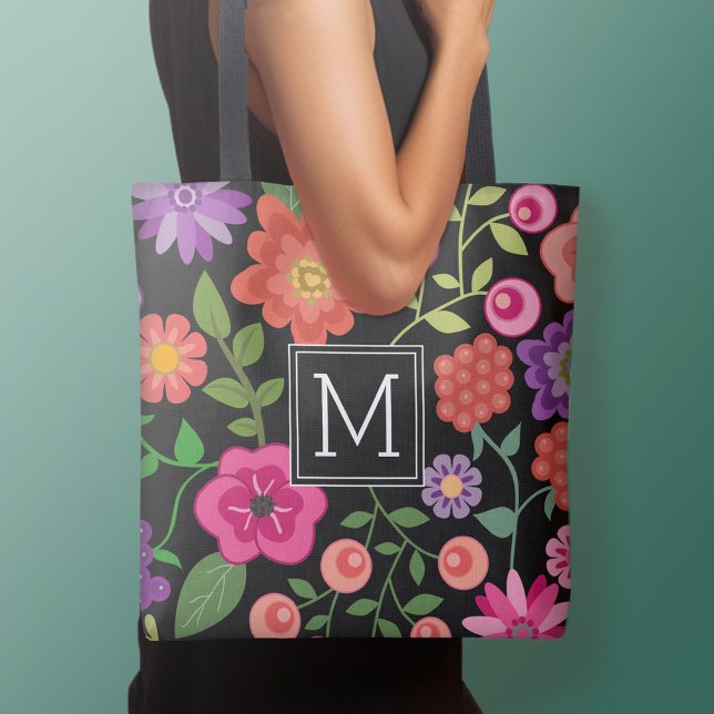 Trendiges Schwarzes Floral-Muster mit benutzerdefi (Personalized tote bag - add your name or other text)