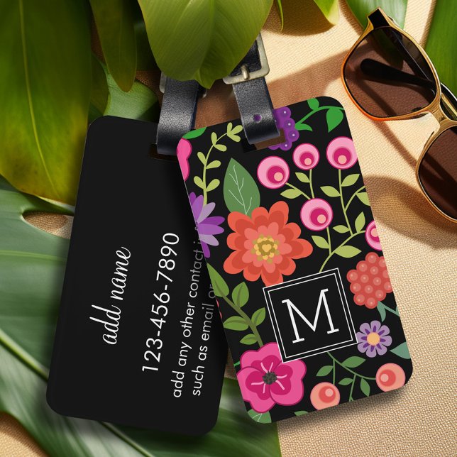 Trendiges Schwarzes Floral-Muster mit benutzerdefi Gepäckanhänger (Personalized luggage tag with retro flower pattern and monogram - add contact information on back)