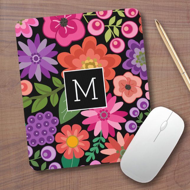 Trendiges Schwarzes Floral-Muster mit benutzerdefi Mousepad (Custom Mouse Pad - Add Monogram to this colorful floral design)