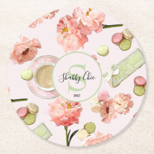 Trendiges Shabby-Chic-Pfingstrosen- und Macaron-Se Runder Pappuntersetzer