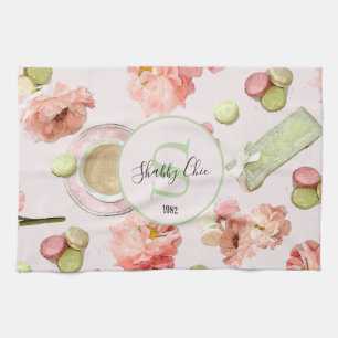 Trendiges Shabby-Chic-Pfingstrosen- und Macarons-S Geschirrtuch