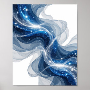 Trendiges Silber BLAUE WELLEN UND STERNE 3D-Textku Poster