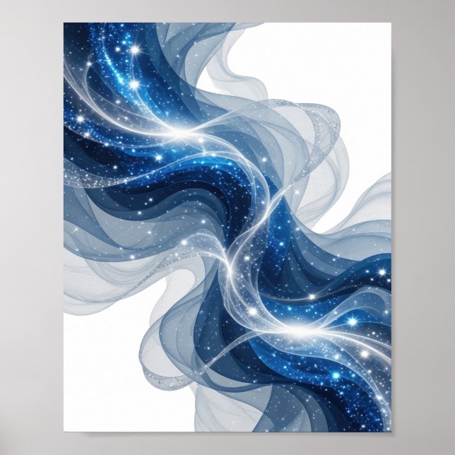 Trendiges Silber BLAUE WELLEN UND STERNE 3D-Textku Poster (Vorne)