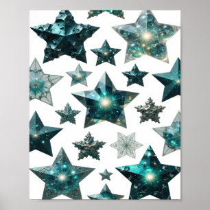 Trendiges Silber BLUE STARS 3D-Textart Poster
