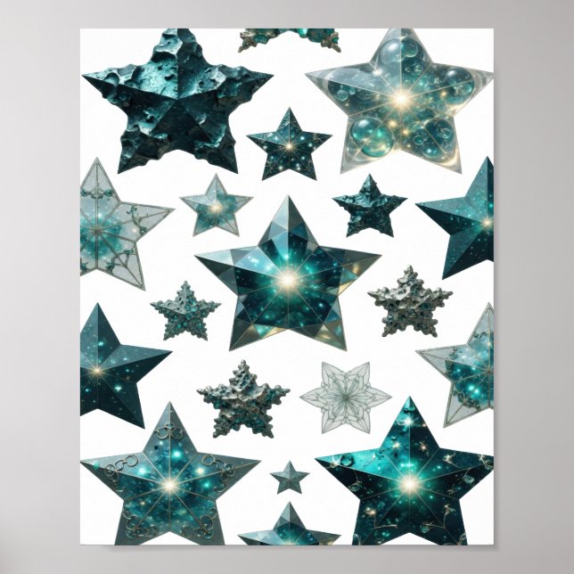 Trendiges Silber BLUE STARS 3D-Textart Poster (Vorne)