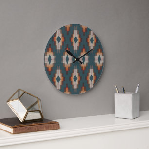 Trendiges Teal Blau Orange Dunkelbraun Grau Stamme Große Wanduhr