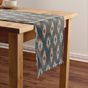 Trendiges Teal Blau Orange Dunkelbraun Grau Stamme Kurzer Tischläufer