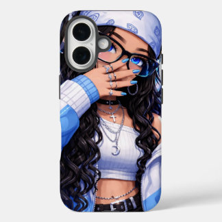 Trendiges Y2K-Anime-Mädchen in Blauem Ästhetik iPhone 16 Hülle
