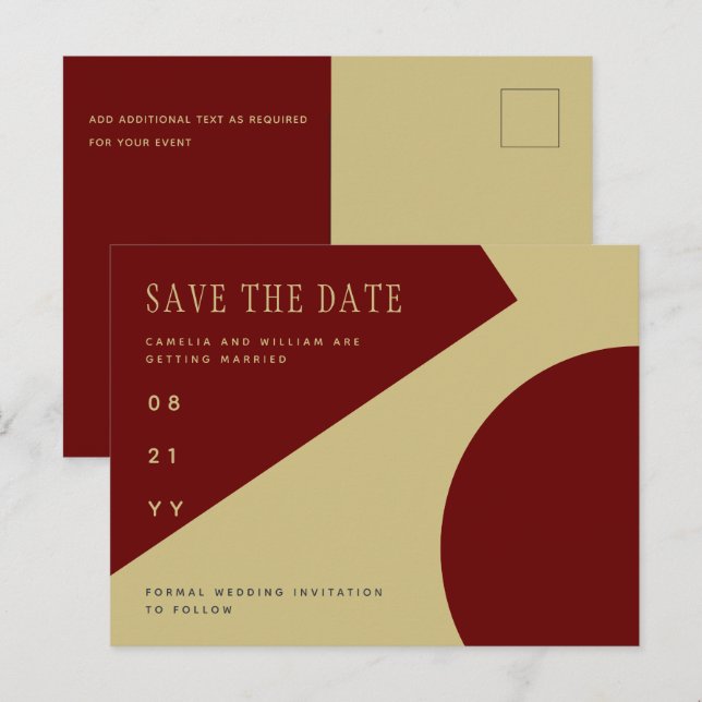 Trending Burgundy Gold Wedding retten das Datum Postkarte (Vorne/Hinten)